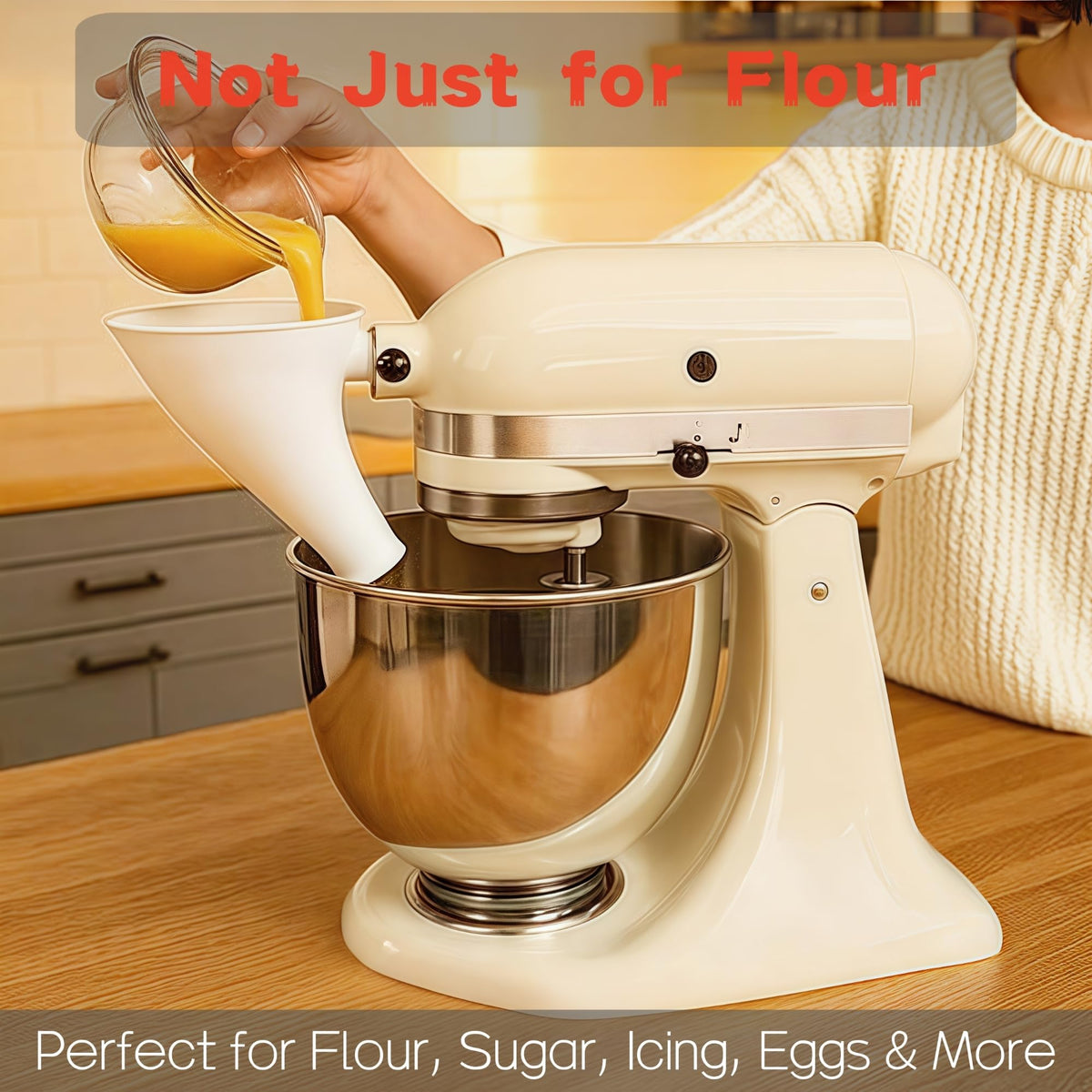 Generic flour funnel guides sugar, oil, or milk into the bowl with precision.
