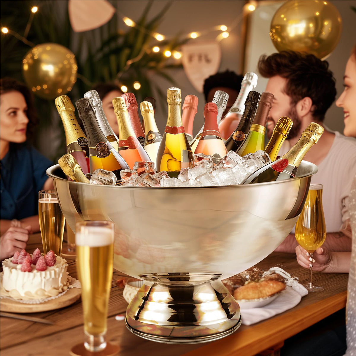 Generic ice bucket with fruits and beverages for serving display.