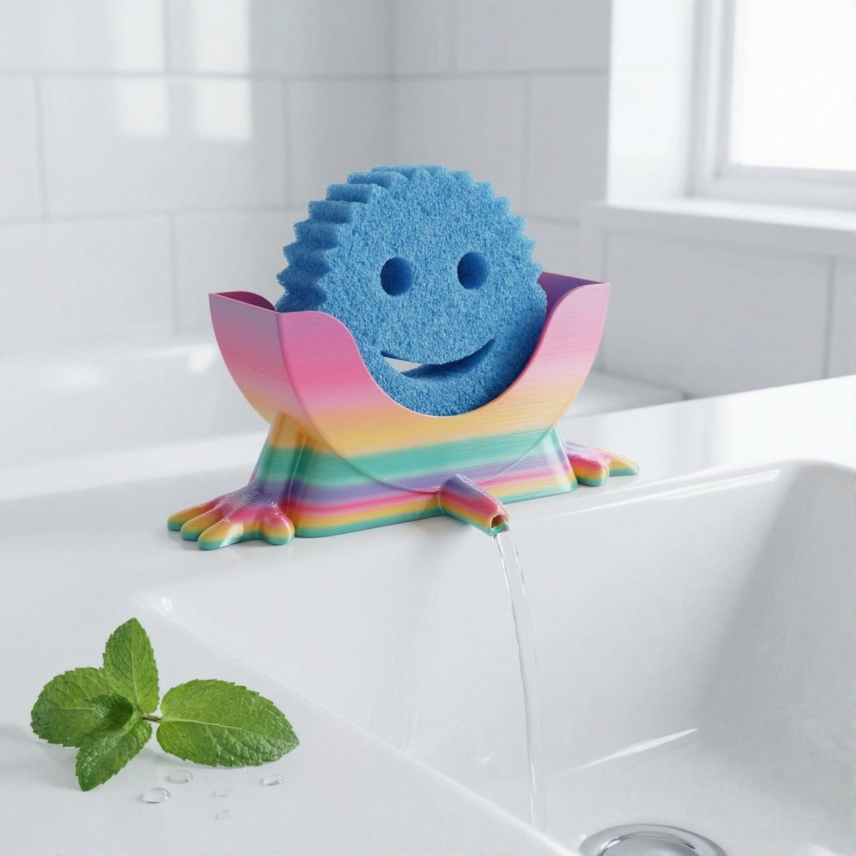 Generic kitchen sink sponge drying stand promotes faster drying and less mess.