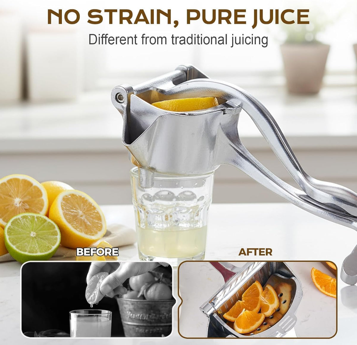 Generic Manual Juicer featuring a V-shaped spout for seedless, drip-free pouring.
