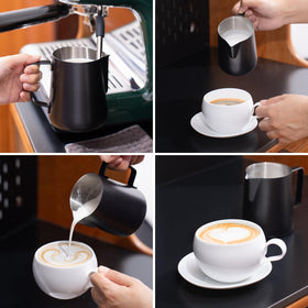 Generic ergonomically designed milk pitcher offers comfortable grip during steaming