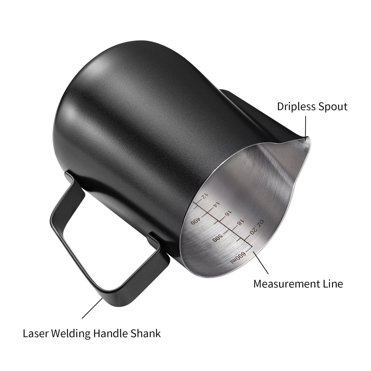 Generic matte black narrow-spout frothing pitcher enables controlled pouring and froth separation