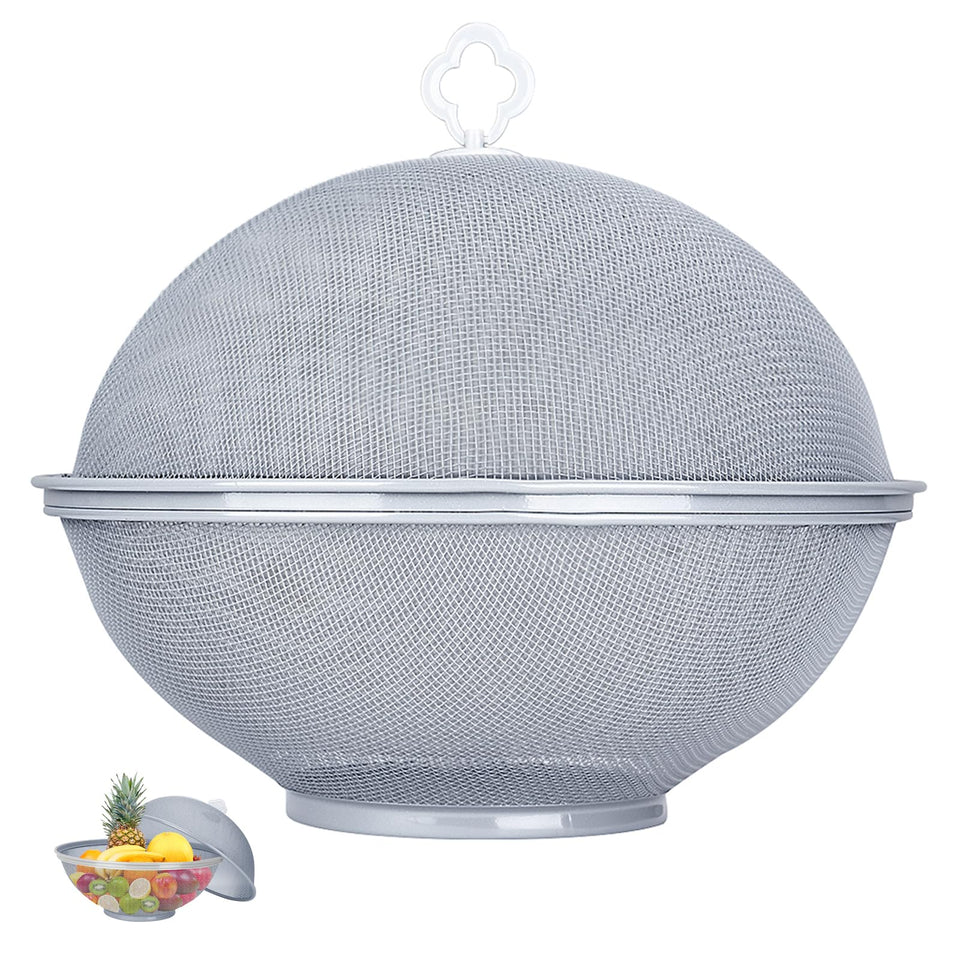 Generic metal mesh fruit bowl with lid protects fruit from flies while remaining accessible.