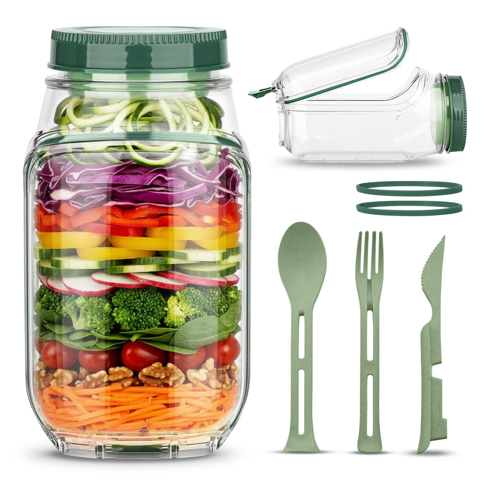 Generic on-the-go salad jar with side opening for easy access to layers