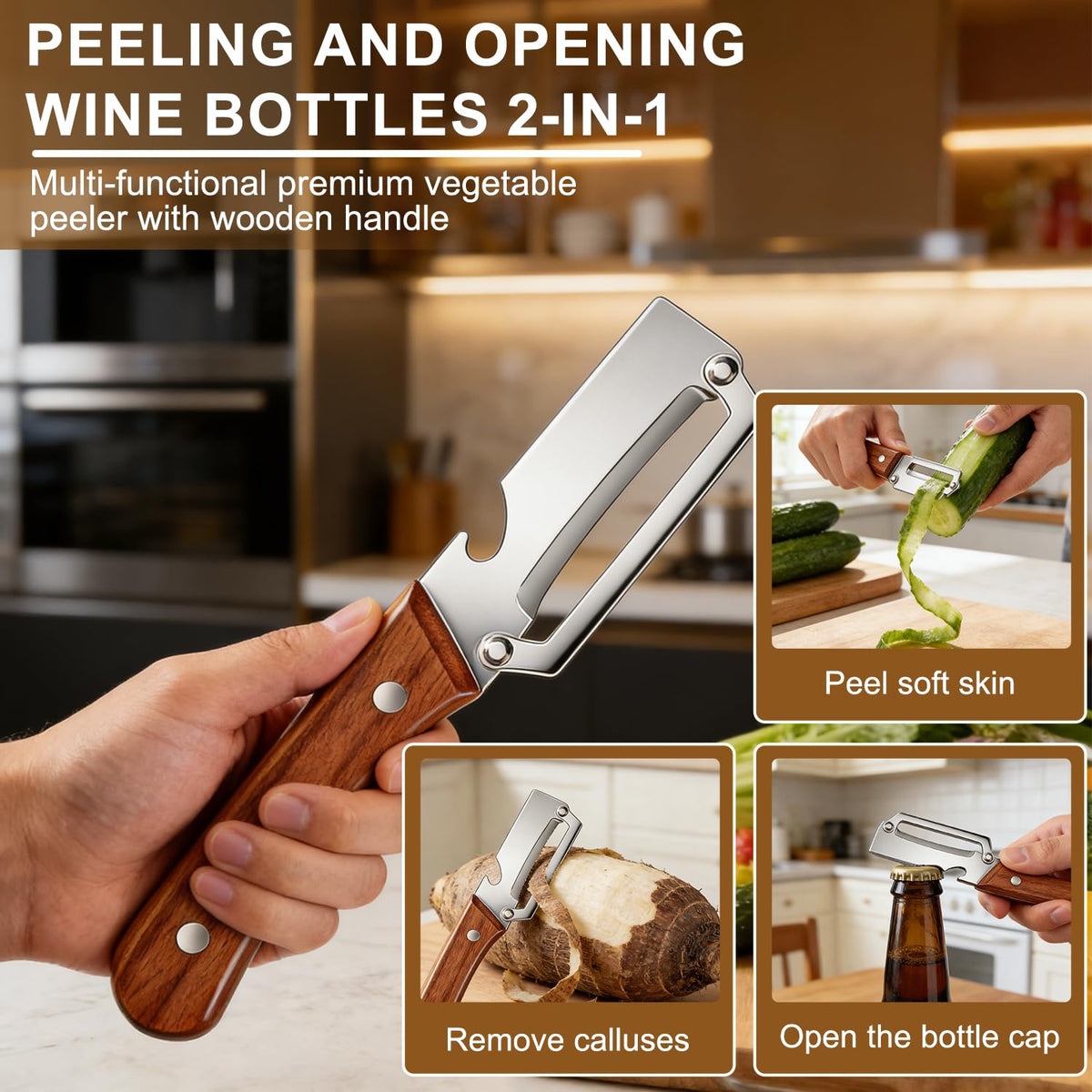 Generic 2-in-1 peeler and bottle opener for quick kitchen tasks