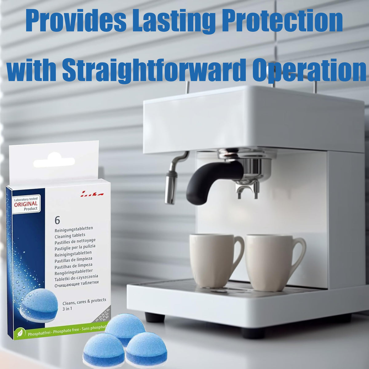 Generic cleaning tablets seal pipes to delay coffee oil buildup and protect lifespan.