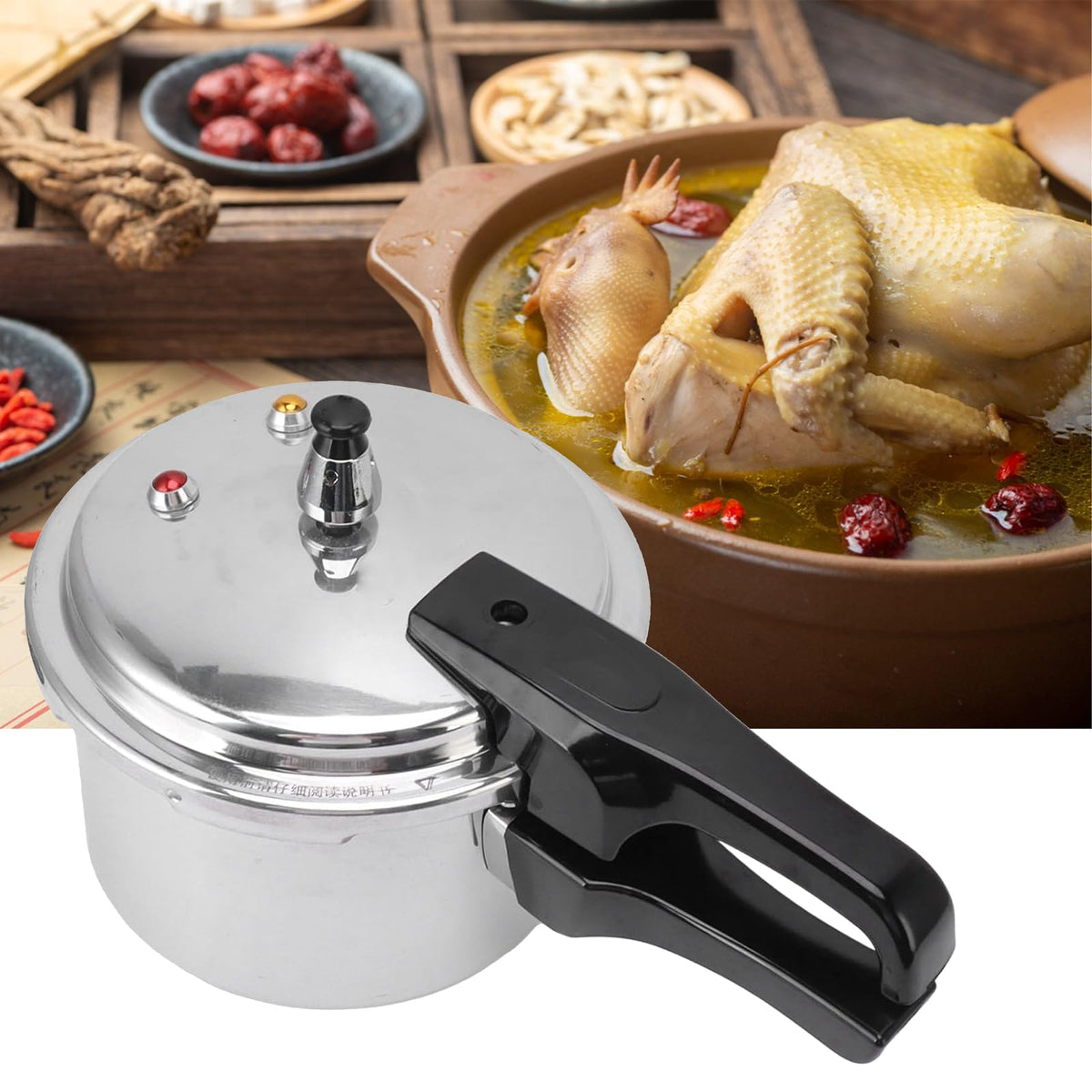 Generic pressure pot with magnetic base enables induction cooking for quick weeknights.