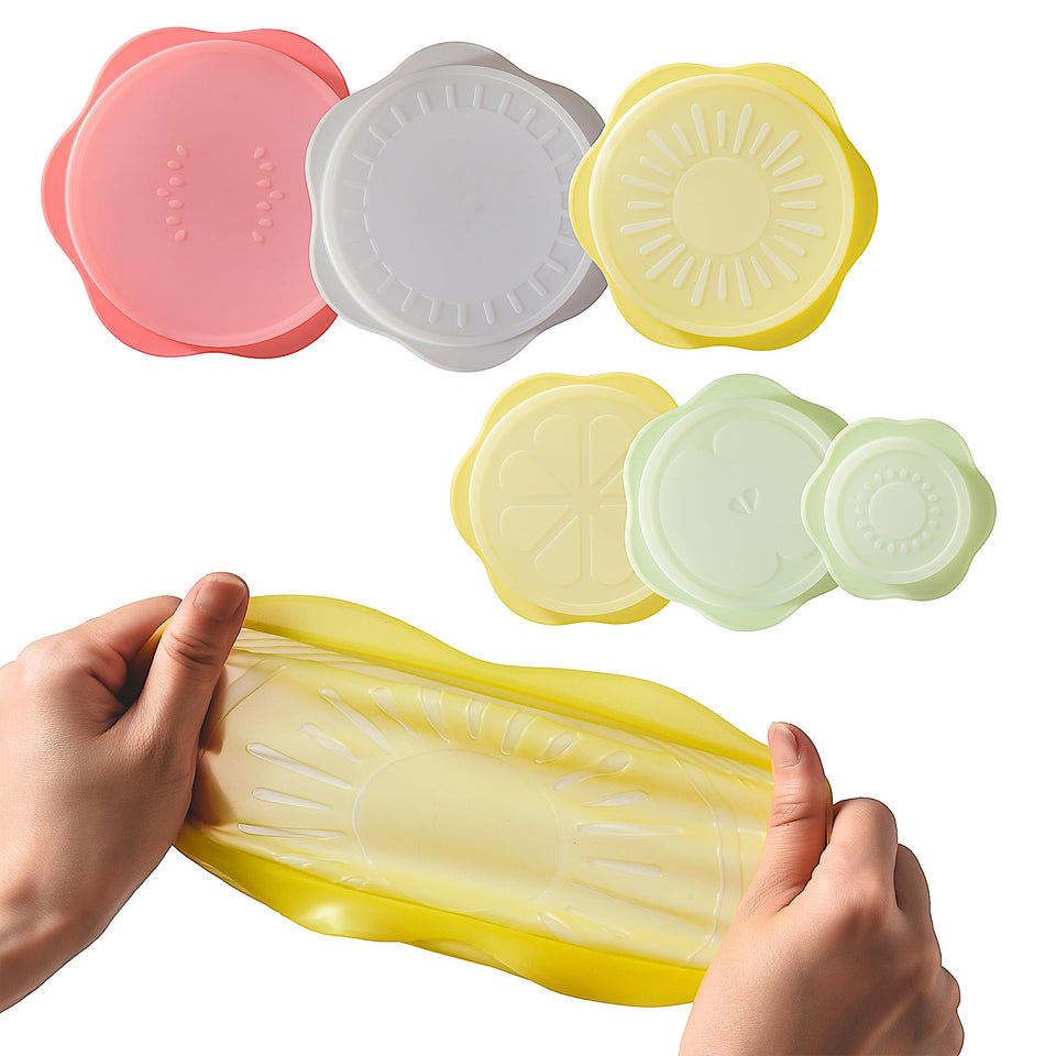 Generic reusable silicone stretch lids closeup showing airtight seal for fresh leftovers