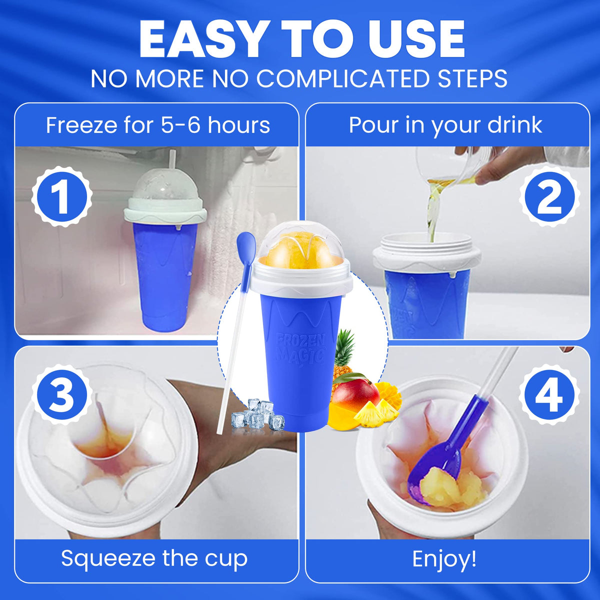 Generic reusable slushie cups preserve flavor when making juice, milk, or smoothies.