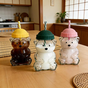 Bear cup with reusable straw in pink, eco-friendly drinking option