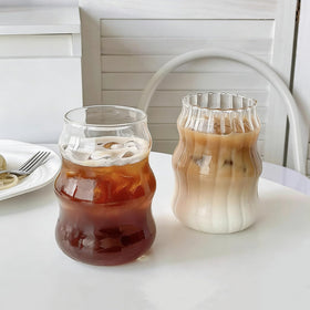 Generic ribbed glass cup 18oz showcases coffee color and ice clarity.
