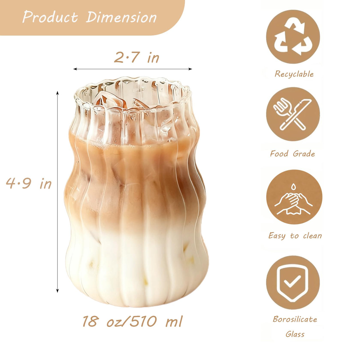 Generic ribbed glass cup 18oz ideal for matcha and hot coffee.