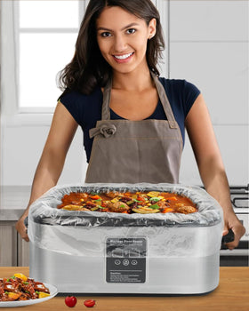 Disposable liners shield cookware and simplify post-meal cleanup.