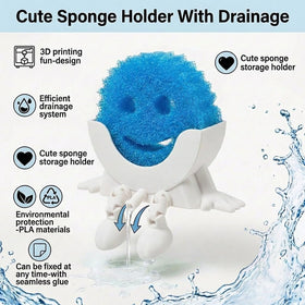 Generic sponge holder on sink with 3D design adds playful personality.