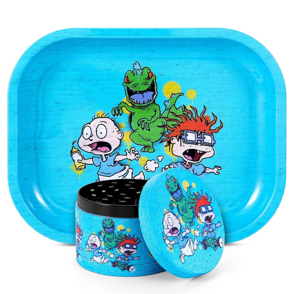 Generic spice mills and tray with blue pattern, compact for fresh grinding at home.