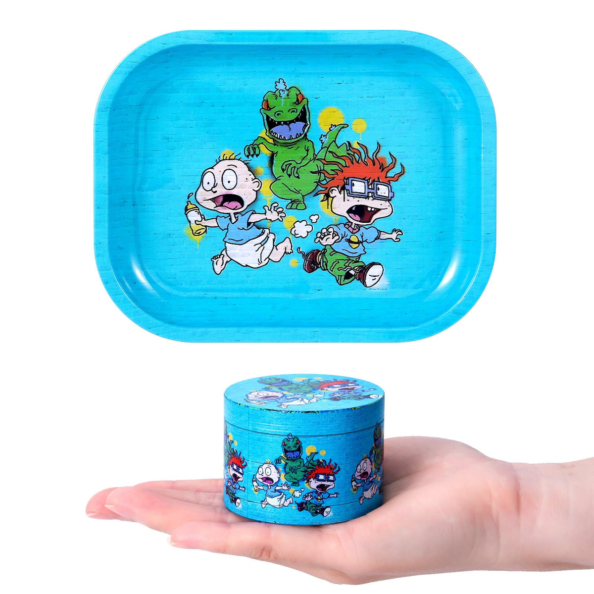 Generic rolling tray with blue pattern keeps spices organized and measured.