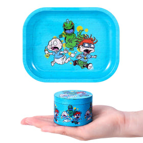 Generic rolling tray with blue pattern keeps spices organized and measured.