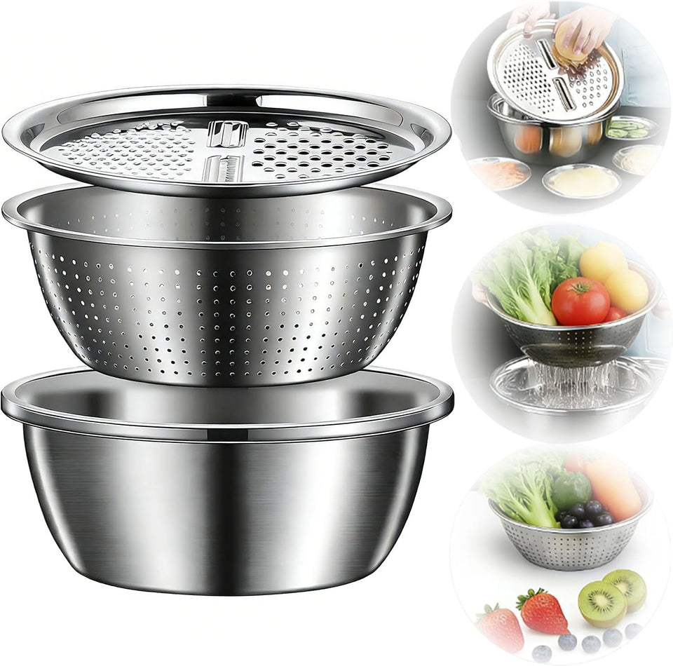 Generic 3-in-1 stainless steel basin with grater top for versatile food prep.