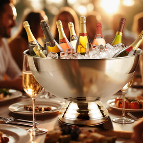 Generic stainless steel champagne bucket close-up, polished finish for elegant table.