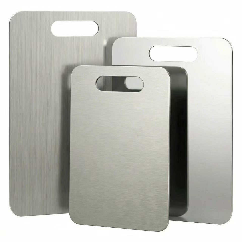 Generic stainless steel cutting boards large 15x11 on counter for versatile prep.