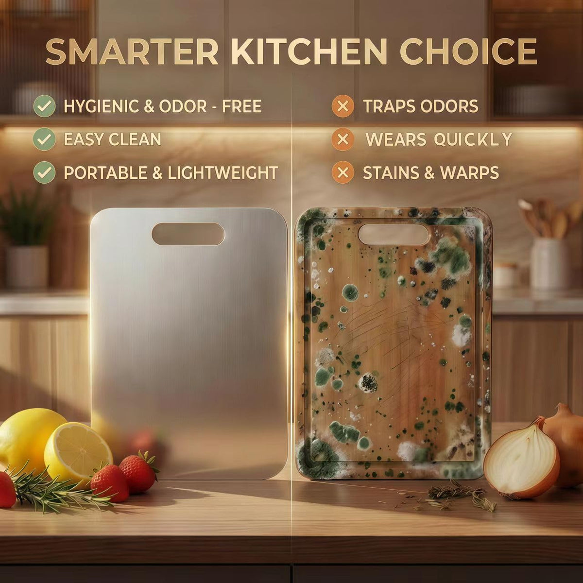 Generic stainless steel cutting boards easy-grip handles make moving and hanging simple.