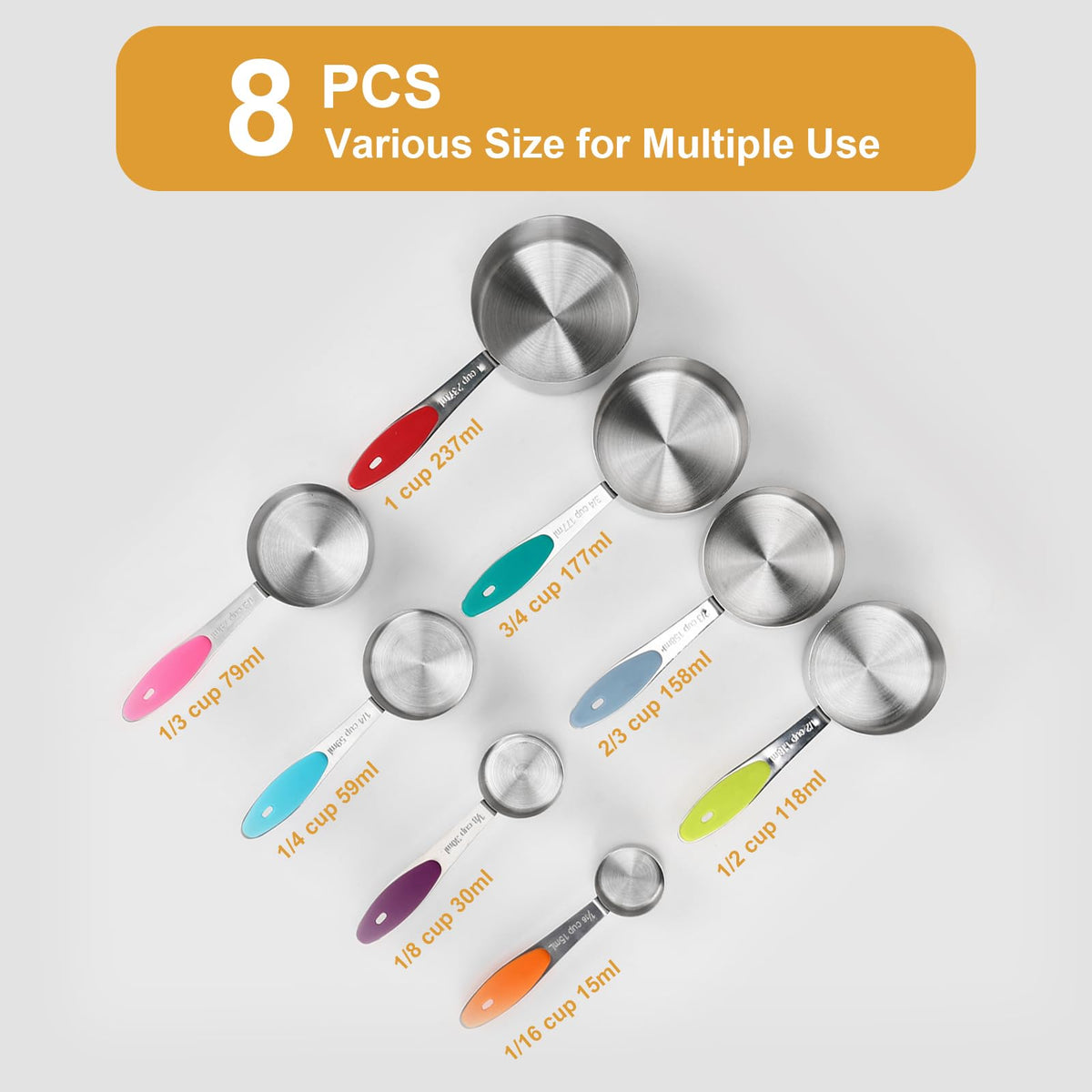 All eight-pack stainless steel measuring cups shown together for versatile recipe prep.