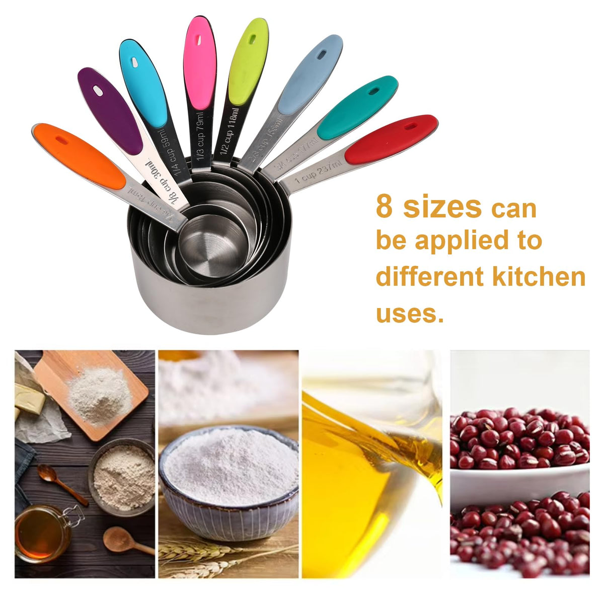 Measuring cups with metric and imperial labels for easy conversion.