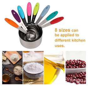 Measuring cups with metric and imperial labels for easy conversion.