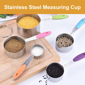 Stainless steel measuring cups displayed on a kitchen counter for easy access.