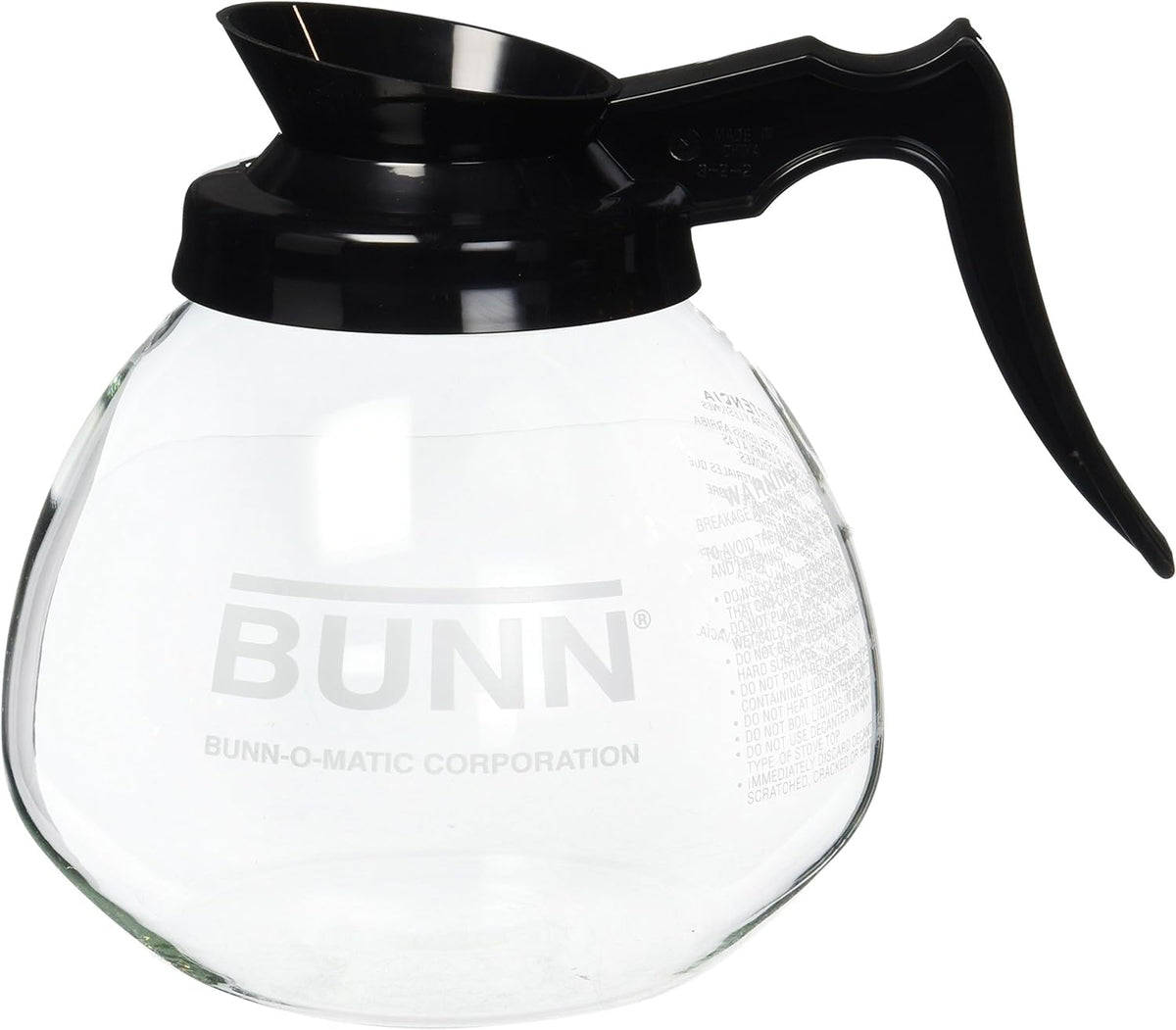 Generic Supply Depot BUNN 12-Cup decanter, clear and black, ideal for office or home coffee setups.