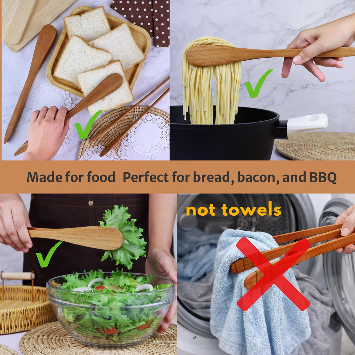 Generic Teak Wood Toast Tongs are gentle on nonstick cookware.