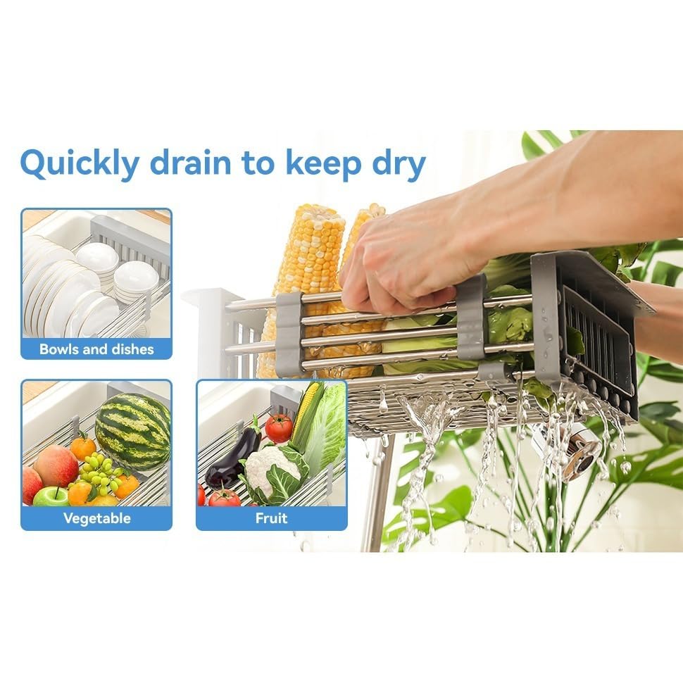 Generic telescopic rack adapts to sink width for flexible setup and storage.