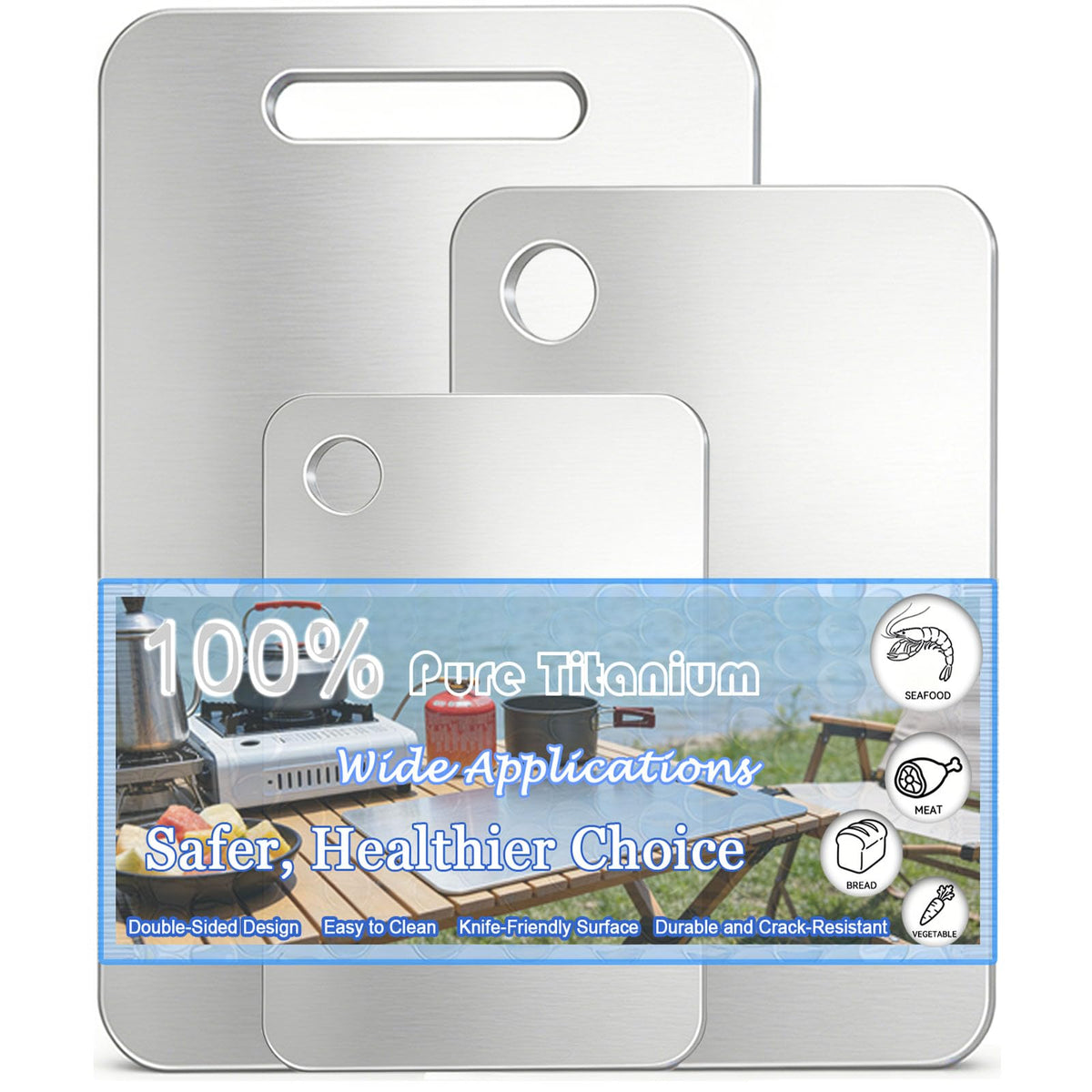Generic titanium cutting board set front view shows three sizes for versatile prep.