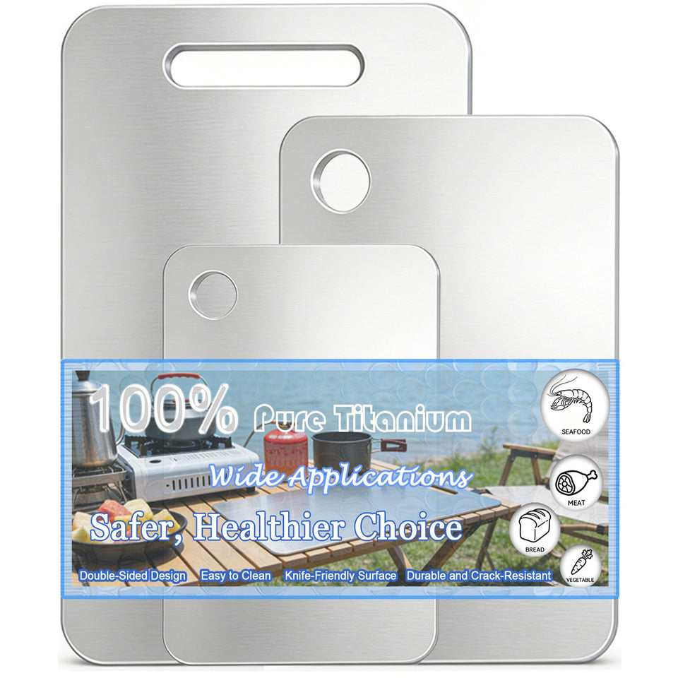 Generic titanium cutting board set front view shows three sizes for versatile prep.