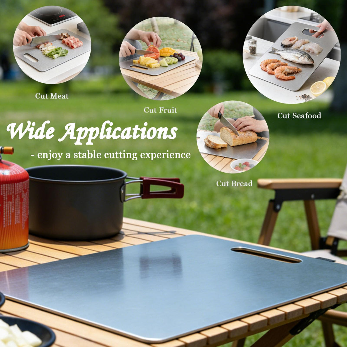 Generic titanium cutting board set medium size ideal for meat and vegetable prep.