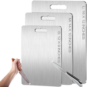 Generic titanium cutting board top view showing a durable, non-porous surface.