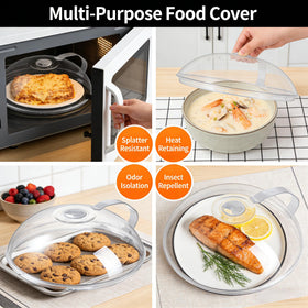 Generic transparent splatter cover shows food while cooking for quick monitoring.