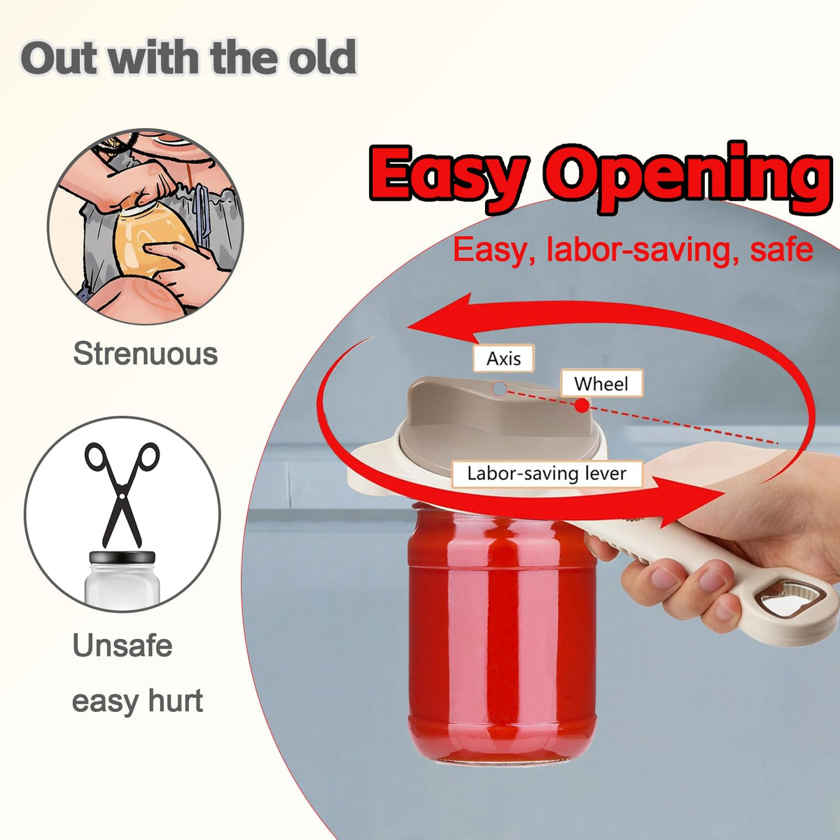 Generic under-cabinet storage solution keeps the compact opener within reach.