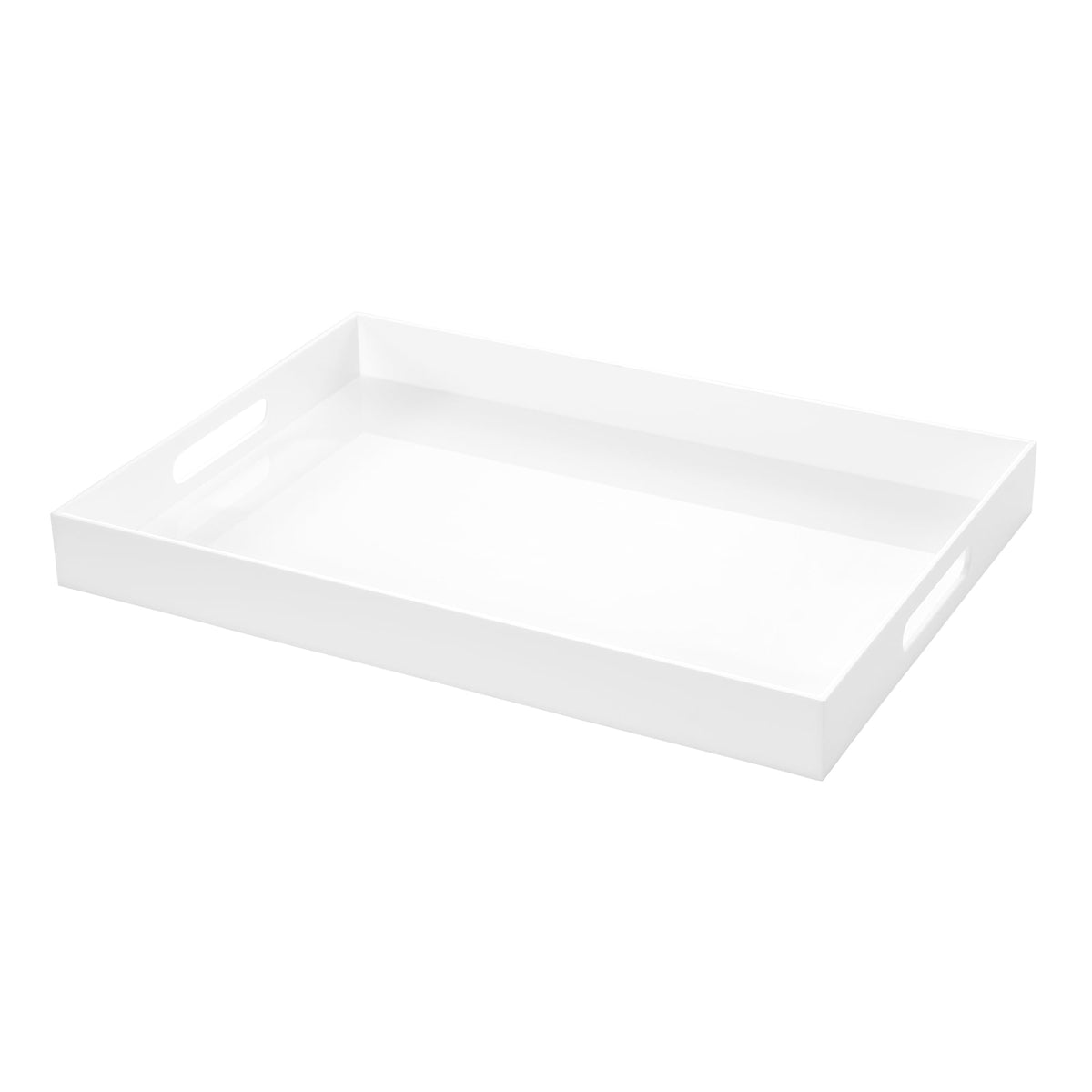 Generic white rectangular acrylic ottoman tray with cutout handles for easy serving.