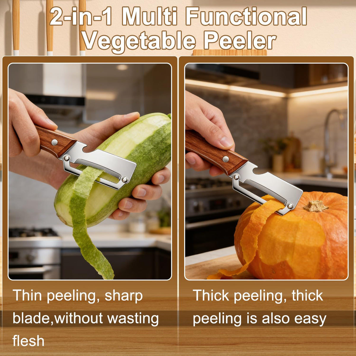 Generic peeler with wooden handle for comfortable, ergonomic grip.