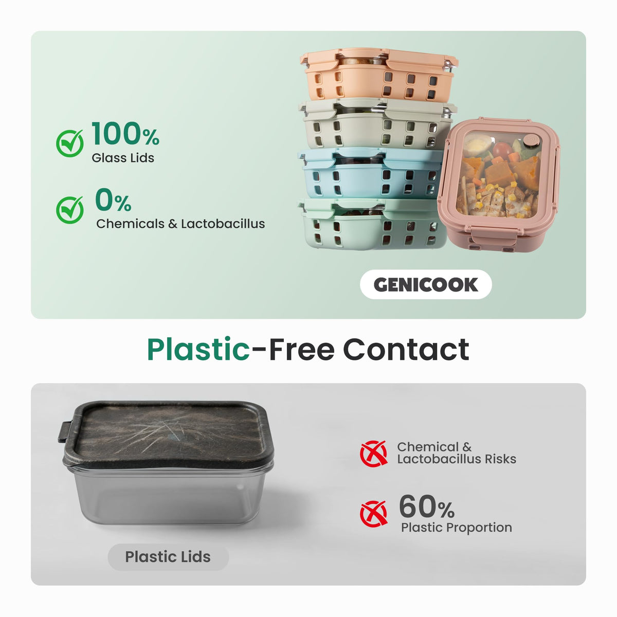 Genicook borosilicate glass storage resists stains and odors