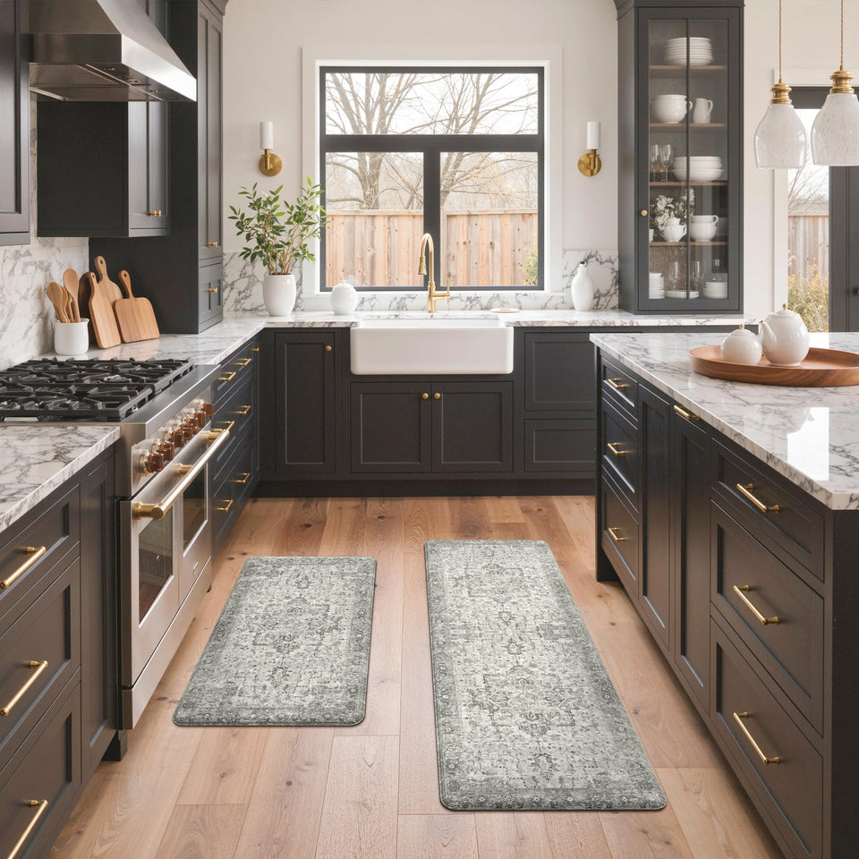 GENIMO 2pc kitchen mats top view showcasing design and comfort at the counter