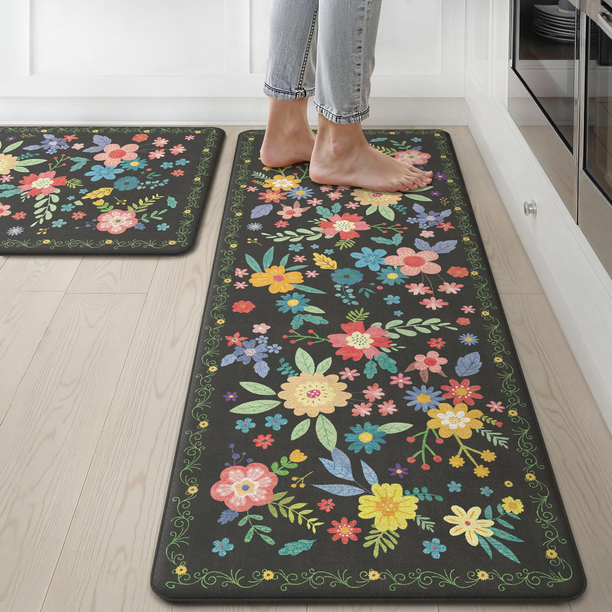 GENIMO kitchen mat anti-fatigue memory foam cushions feet during long cooking sessions.