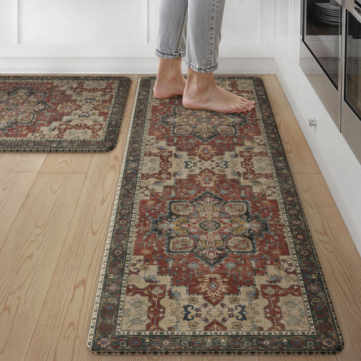 GENIMO two-piece Bordeaux mats set enhances kitchen comfort and style.