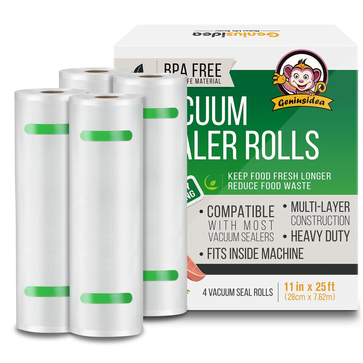 Geniusidea 4-mil food saver rolls for durable freezer storage.