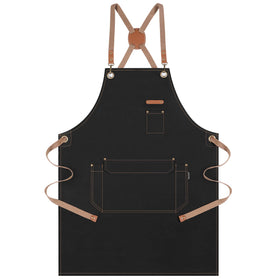 Genixart chef apron cross-back pockets in action, protecting clothing during cooking.