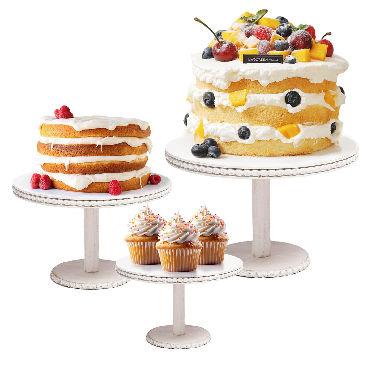 GENMOUS & CO 8-inch rustic beaded cake stand adds farmhouse charm to desserts.