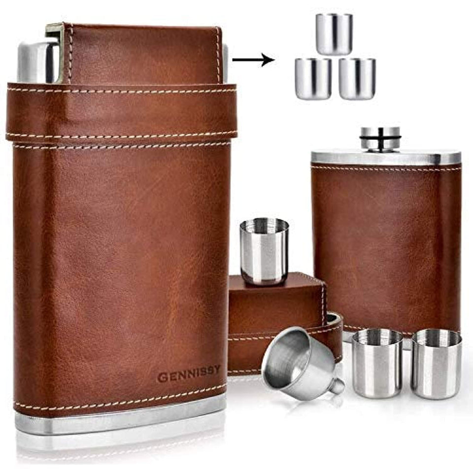 GENNISSY 8oz hip flask with leather wrap for secure grip and classic on-the-go style.