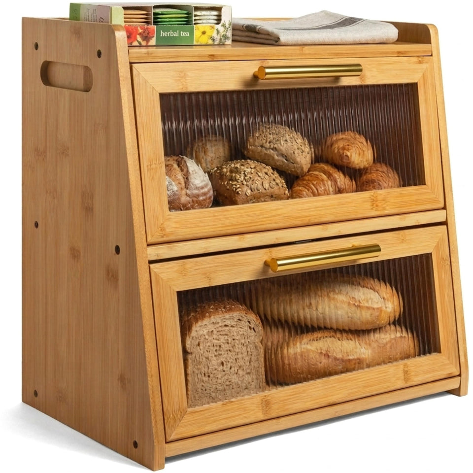 Gennua Bamboo Bread Box, front view, extra-large storage for multiple loaves.