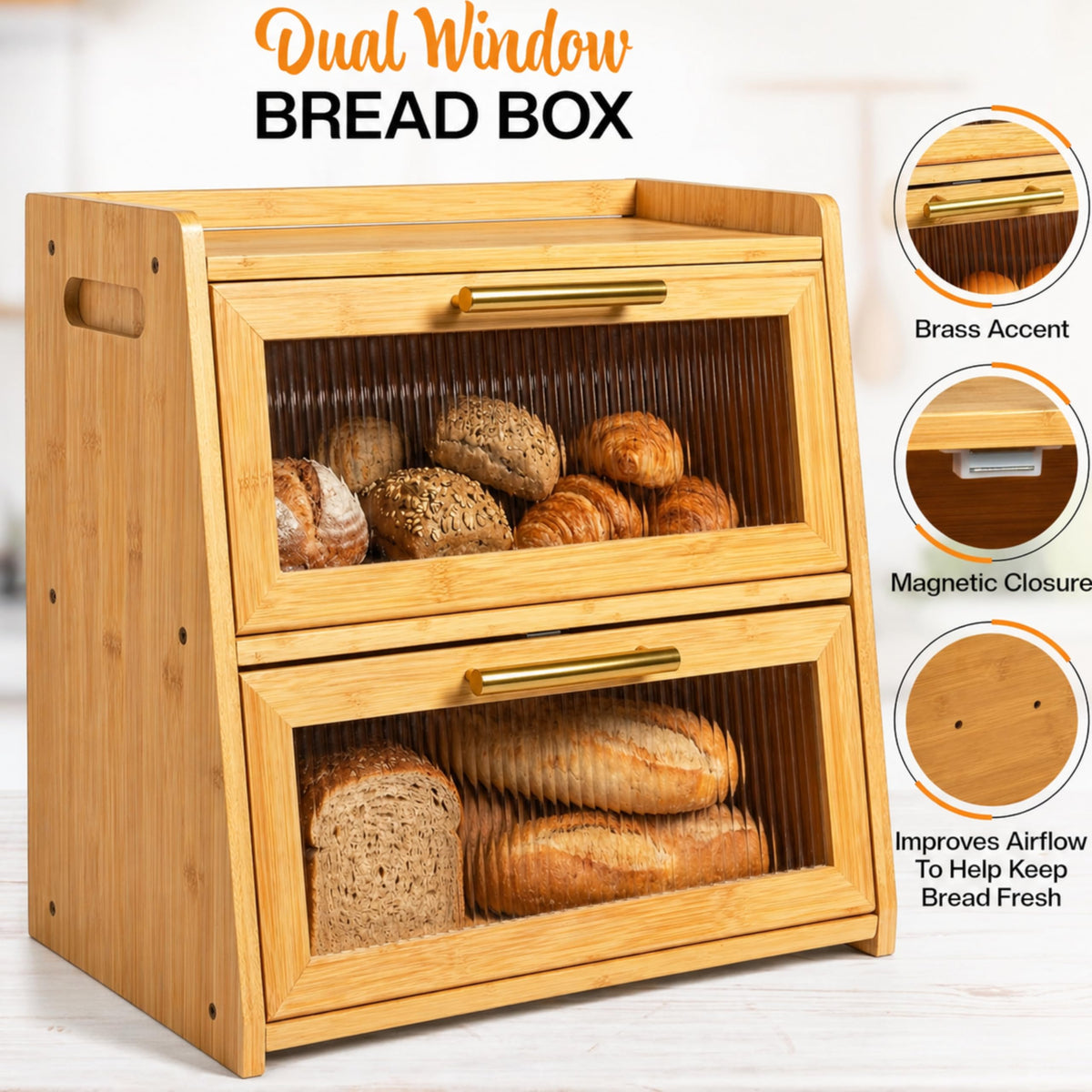 Gennua Bread Box with frosted acrylic windows keeps contents visible.